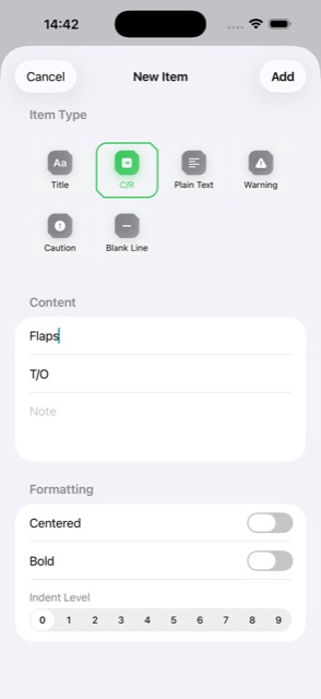 Editing a checklist item in CockpitCheck, adjusting label and response text