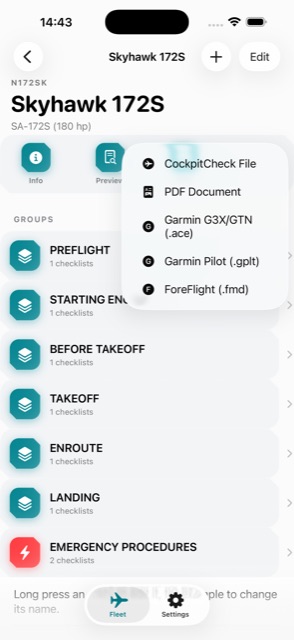 Export sheet showing CockpitCheck File, PDF Document, Garmin G3X/GTN, Garmin Pilot, and ForeFlight options
