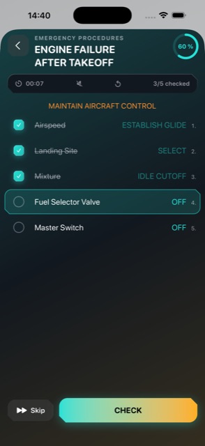Engine Failure After Takeoff emergency checklist, running in Fly Mode with a 60% progress ring